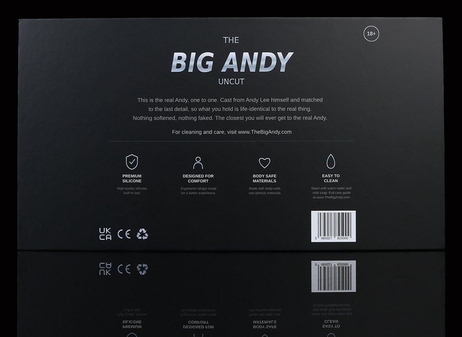 The back panel of The Big Andy box, showing the UKCA, CE and recycling marks and the product information.